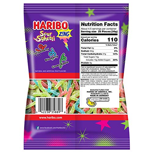 HARIBO Gummi Candy, Z!NG Sour Sghetti, 5 oz. Bag (Pack of 12)
