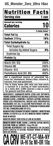Monster Energy Zero Ultra Sugar Free Energy Drink, 16 Fl Oz, Pack of 12, White