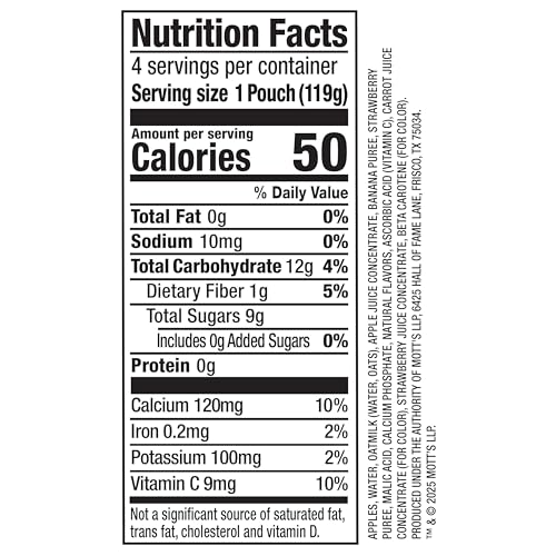 Motts Fruit Smoothies Strawberry Banana, 4.2 oz Clear Pouches, 24 Count (6 Packs of 4), Non-dairy, Made With Oatmilk, Made With