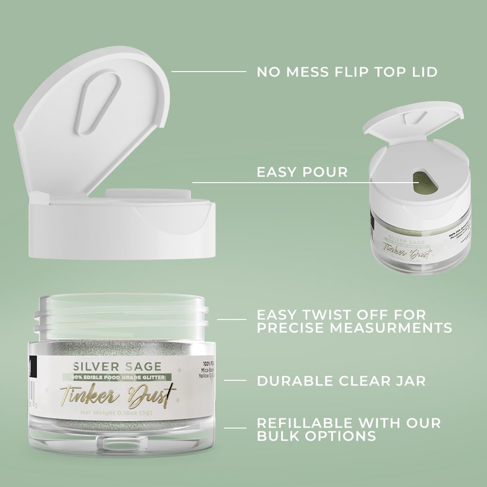 Bakell - Silver Sage Tinker Dust (5G, 1X Jar) Edible Glitter For Food, Desserts, And Beverages!