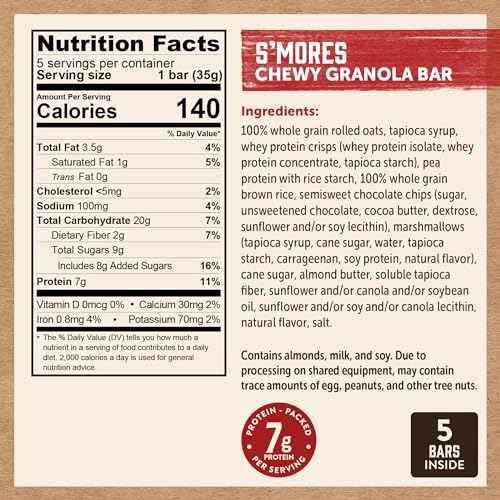 Kodiak Cakes Chewy Granola Snack Bars, S mores, High Protein, 100% Whole Grains, 12 boxes with 5 bars each (60 bars total)