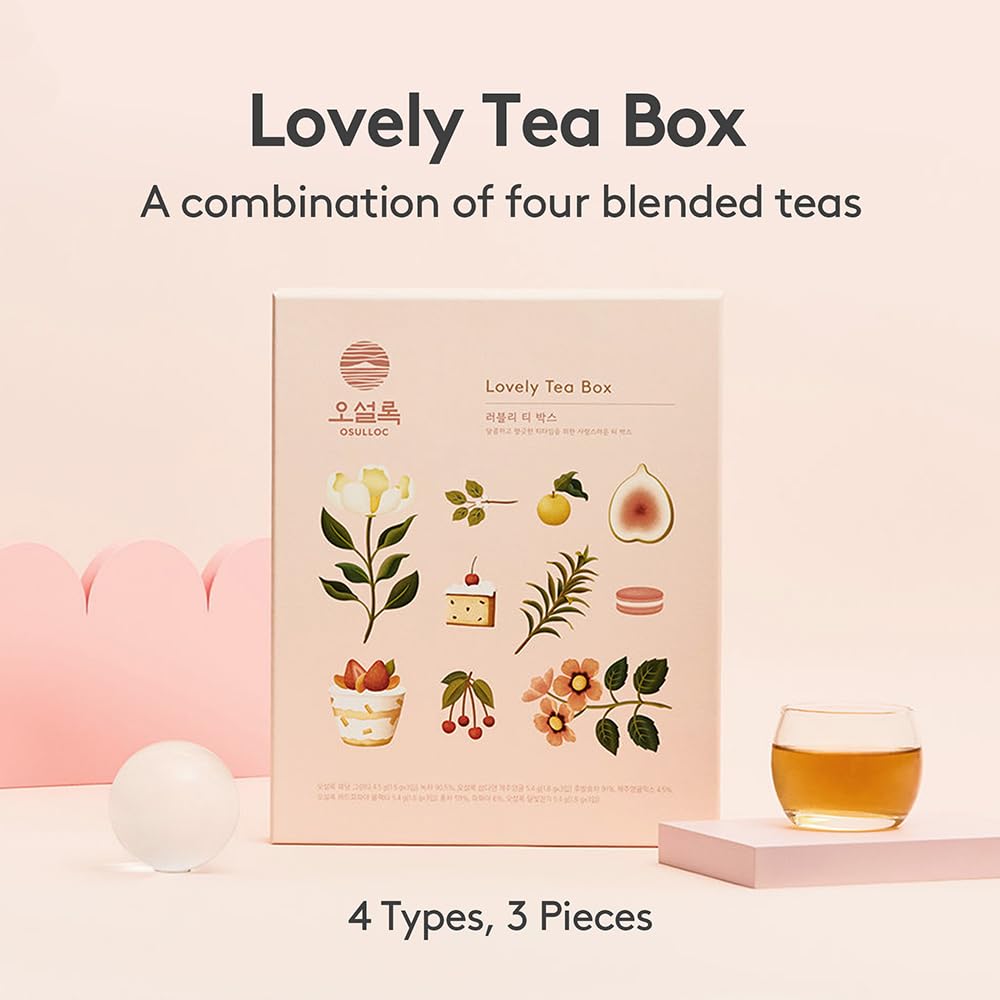 Osulloc Lovely Tea Gift Box Set (12 Count, 4 Flavors X 3 Ea), Mothers Day Gift Guide | Premium Blended Tea From Jeju | Korean Te
