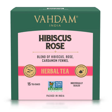 Vahdam, Hibiscus Flowers Herbal Tea Bags (15 Count) Caffeine Free, Non Gmo, Gluten Free Hibiscus Tea | Floral Flavor Tisane - Hibiscus Rose Petals & Exotic Spices | Resealable Ziplock Pouch