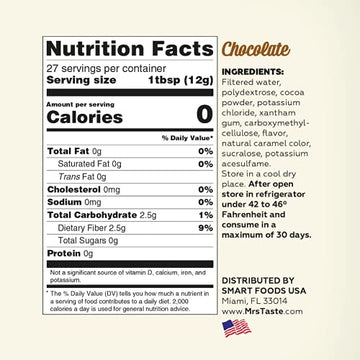 Mrs Taste Sugar Free Chocolate Syrup, Zero Calories, Zero Sodium, Zero Sugar, High Fiber, Keto Friendly, Paleo Friendly, Condime