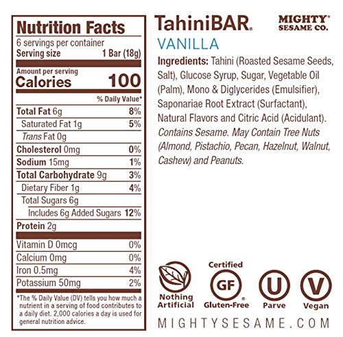 Mighty Sesame Tahini Bars, Vanilla, 100 Calorie Gluten Free Vegan Snack, 6 Count Pack of 2, Kosher, 0.63 Ounce Each