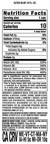 Monster Energy Ultra Blue Sugar Free Energy Drink, 15 Pack, 16 Ounce Cans, Model U-S1-33354