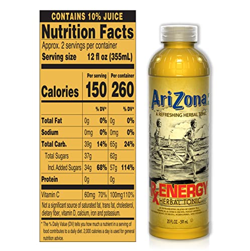 AriZona Energy Herbal Tonic, 20 Fl Oz, Pack of 12, Refreshing Herbal Drink