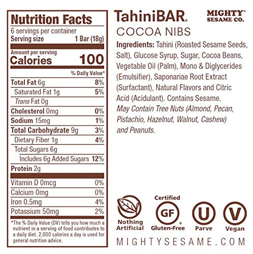 Mighty Sesame Tahinibars, Variety Pack (18 Bars) | 6 Pistachio - 6 Vanilla - 6 Cocoa Nibs | 100 Calorie Mini Halva Bars | Indivi