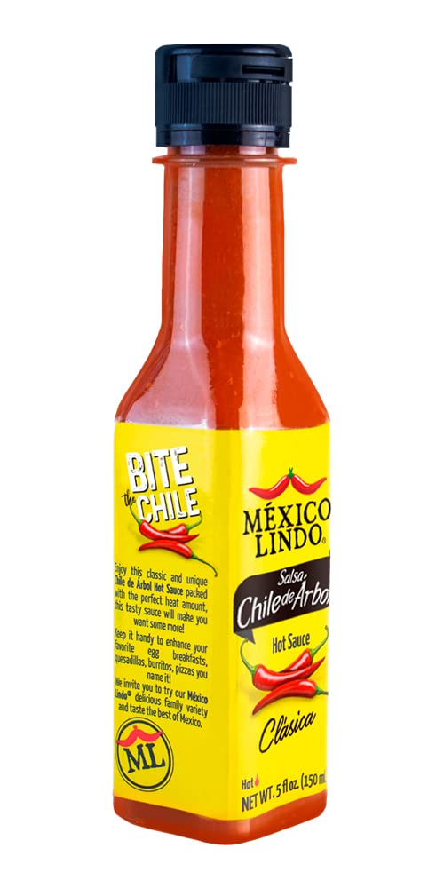 Mexico Lindo Chile De Arbol Hot Sauce Ingredients | 12,190 Scoville Level | Classic Flavor | 5 Fl Oz Bottles (Pack Of 2)