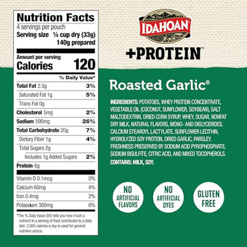 Idahoan Roasted Garlic +Protein Mashed Potatoes, Naturally Gluten-Free, 100% Real Idaho Potatoes, 4 servings per bag, 4.6 ounce