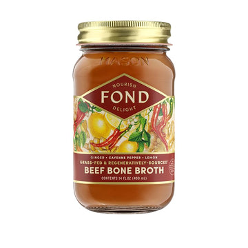 FOND NOURISH DELIGHT Grass-fed Beef Bone Broth with Ginger & Cayenne, 14 Fl Oz (Pack of 4), Natural