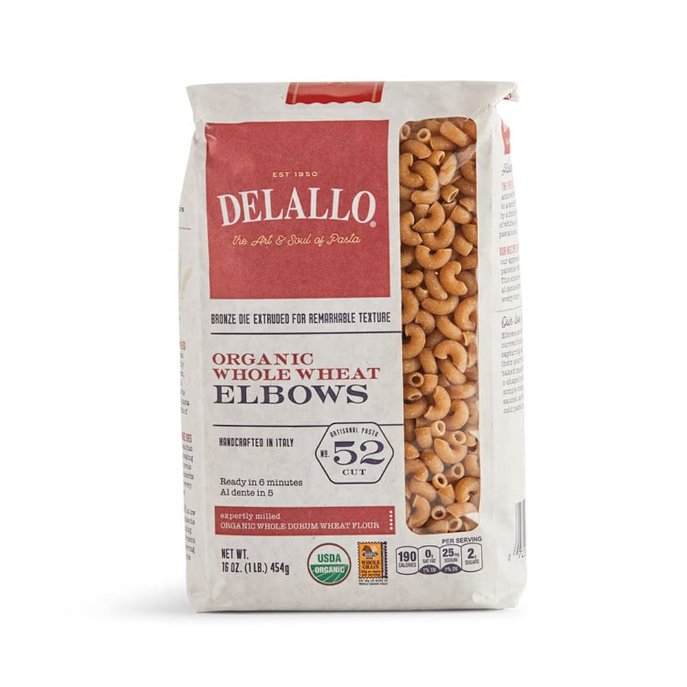 DeLallo Organic Whole Wheat Elbows #52, 1 Pound (Pack of 16)