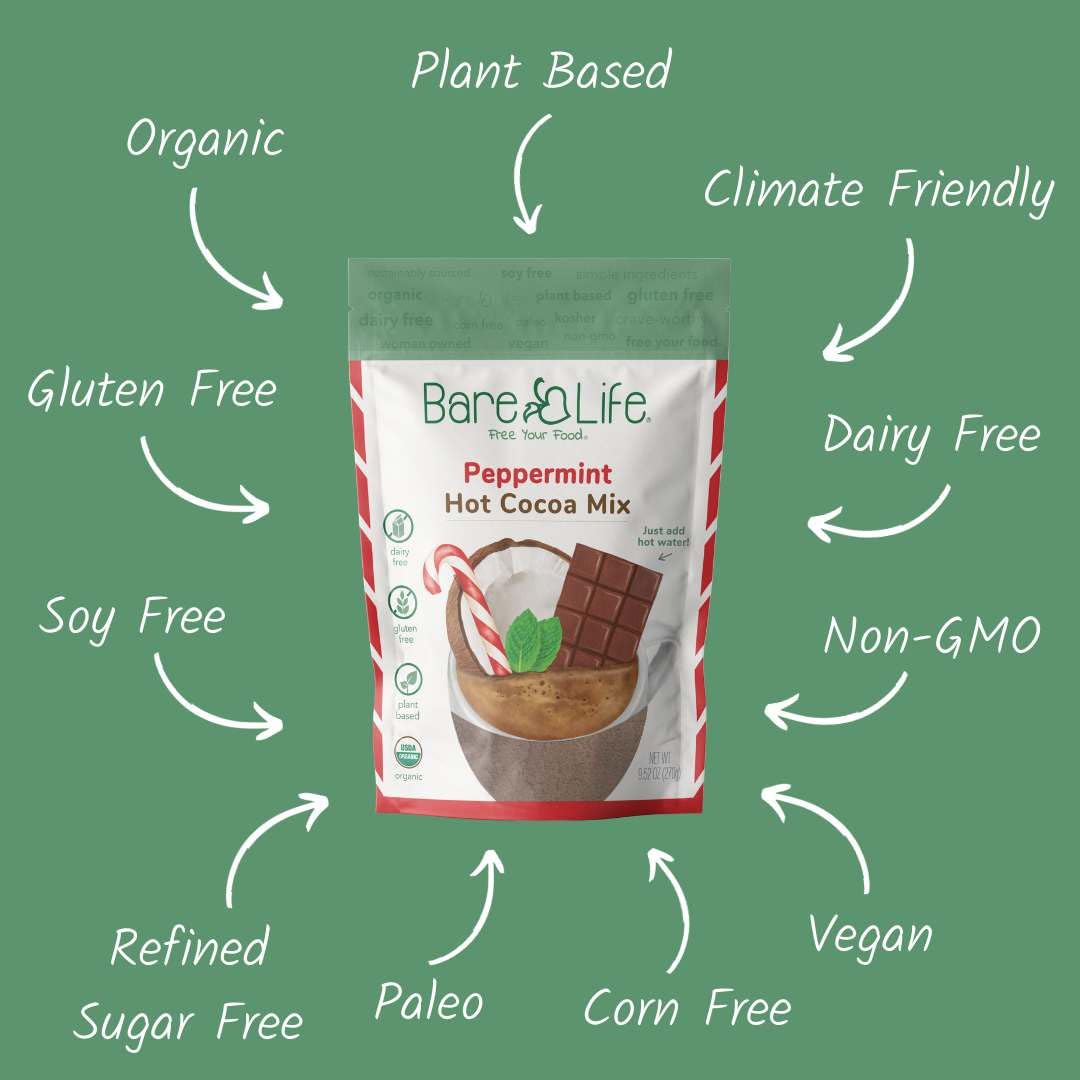 Bare Life: Instant Dairy Free Peppermint Hot Cocoa Mix - 10 Serving Pouch | Gluten Free, Vegan, Organic, Plant Based, Paleo, Soy