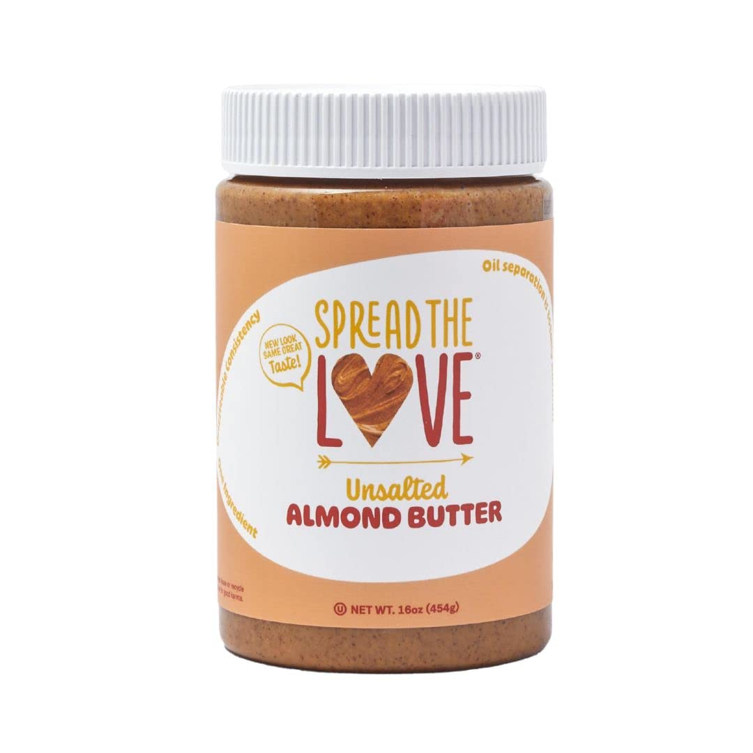 Spread The Love UNSALTED Almond Butter 16 Ounce (All Natural Vegan Gluten-free Creamy No added salt No added sugar No palm fruit oil Not pasteurized with PPO)