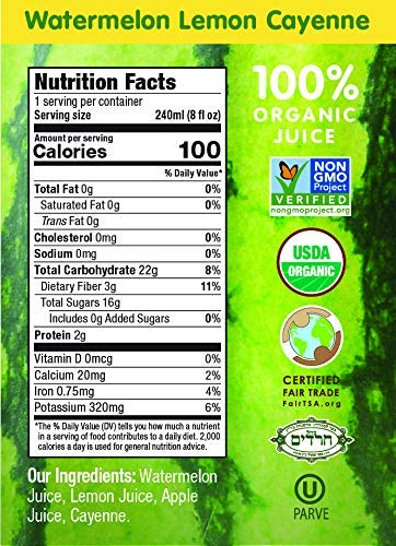 Wonder Melon Organic Watermelon Juice with Lemon & cayenne, 845oz (6 Pack) 100% Juice, cold Pressed