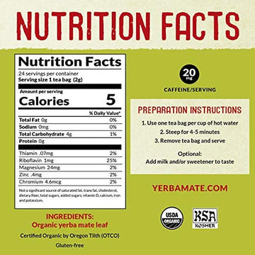 Ecoteas Organic Unsmoked Yerba Mate Tea Bags - 24 Count, 1.7 Oz - Organic Detox Tea - Hi Caf Tea - Clean Yerba Mate Energy Burst