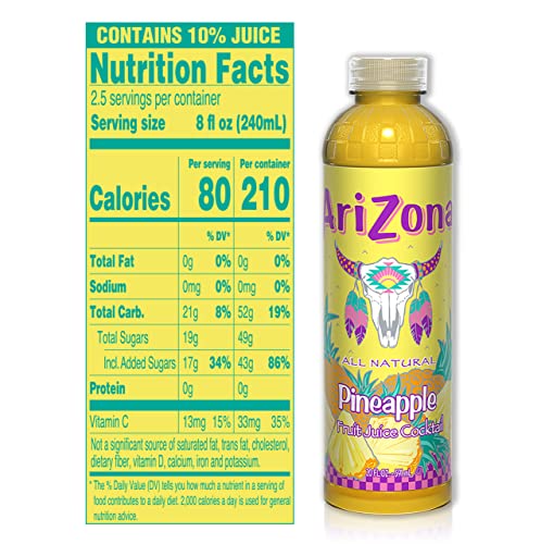 AriZona Pineapple Fruit Juice Cocktail, 20 Fl Oz, Pack of 12