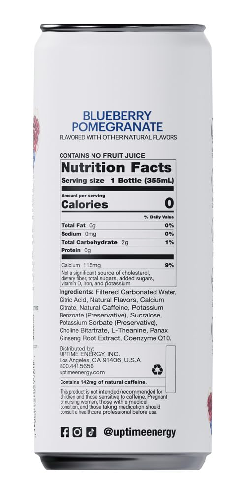 UPTIME Energy Drink Blueberry Pomegranate, Sugar Free, 12 Pack, 12 Fl Oz Cans, 142mg Natural Caffeine