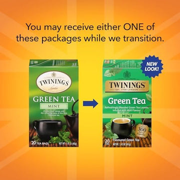 Twinings Green Tea With Mint Individually Wrapped Bags, 20 Count (Pack Of 6), Invigorating Aroma, Caffeinated, Enjoy Hot Or Iced | Packaging May Vary