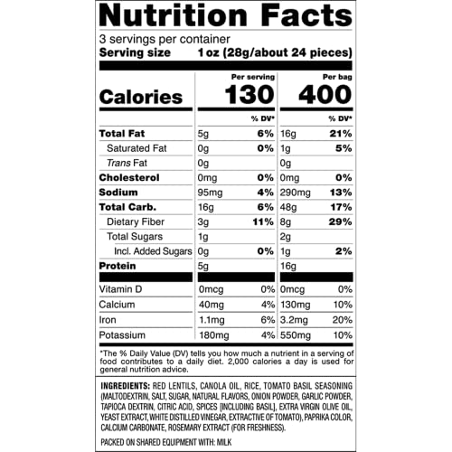 HARVEST SNAPS Veggie Chips Red Lentil Snack Crisps Tomato Basil, 3 oz (Pack of 12) - Gluten Free, Non-GMO, Baked Vegetable Crisps