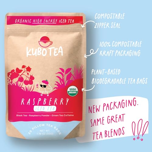 Kubo Tea Organic Raspberry Black Tea Bags - High Caffeine Iced Tea (155 mg) - 20 Ct - 1.76 Ounce Pack - Compostable Packaging