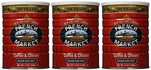 French Market Coffee Creole Medium-Dark Roast Ground Coffee & Chicory 12 oz. Canister (Pack of 3)