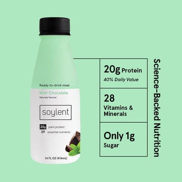 Soylent Mint Chocolate Meal Replacement Shake, Ready-to-Drink Plant Based Protein Drink, Contains 20g Complete Vegan Protein and