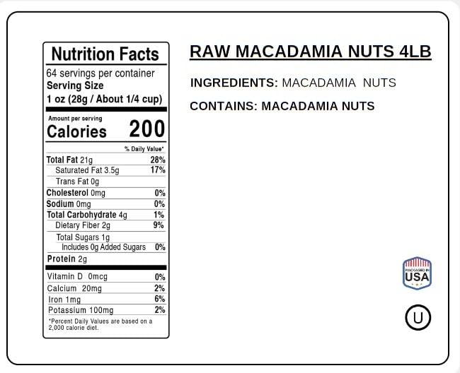 Jaybees Raw Macadamia Nuts - Unsalted Jumbo Size, 4 Pounds - Healthy Keto & Vegan Snack, Resealable Bulk Bag