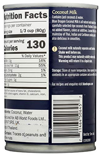 Blue Dragon Unsweetened Coconut Milk, Contains Only Coconut & Water, All Natural, Vegan, Gluten Free & Non-Gmo, 13.5 Fluid Ounce