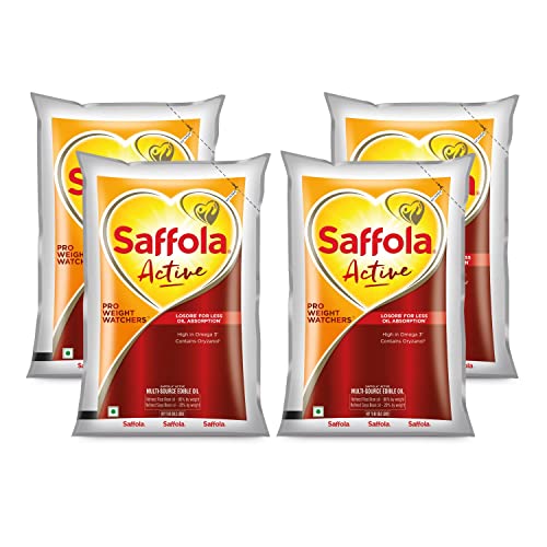 Saffola Active Refined Oil|Blend of Rice Bran Oil & Soyabean Oil|Cooking Oil|Pro Weight Watchers Edible Oil 4 X 1 Litre Pouch