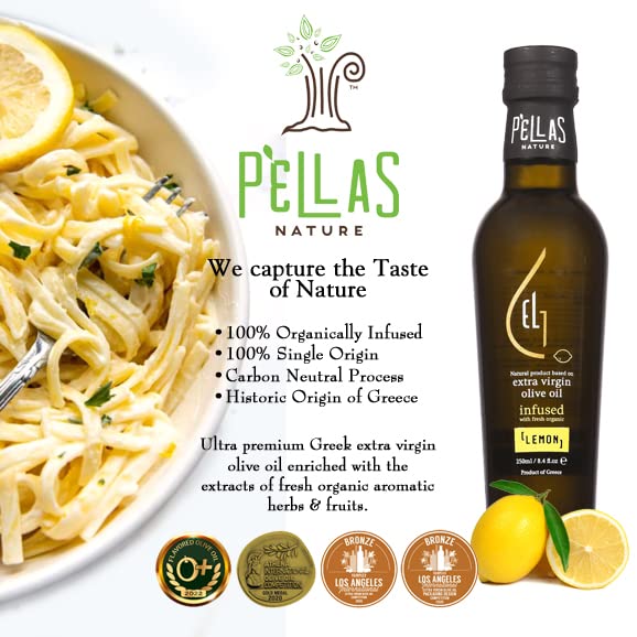 Pellas Nature Lemon Infused Greek Extra Virgin Olive Oil, 8.5 oz Glass Bottle, Kosher, Gold Award Winner