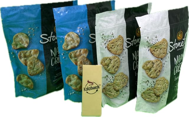 Kokobunch Variety Bundles Of Stonefires Authentic Naan Crisps Flatbread Cracker 4 or 3 Assorted Pack (6oz, 2 Bags of Everything