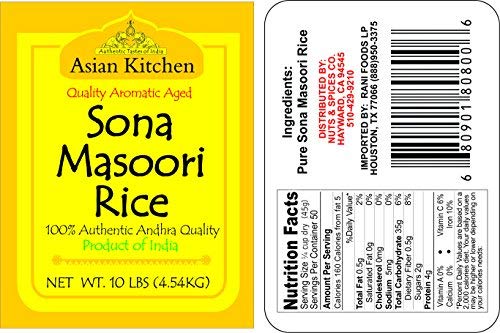 Asian Kitchen White Sona Masoori Aged Rice 10-Pound Bag, 10Lbs (4.54Kg) Short Grain Rice ~ All Natural | Gluten Friendly | Vegan