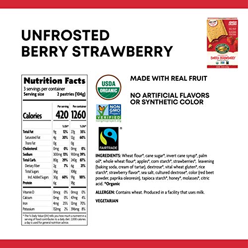 Nature 'S Path Organic Unfrosted Berry Strawberry Toaster Pastries, 11 Ounce (Pack Of 12), Non-Gmo, Made From Real Berries
