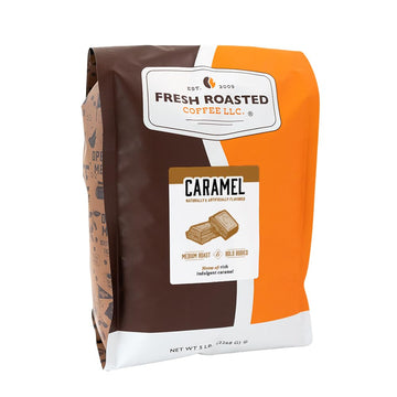 Fresh Roasted Coffee, Caramel Flavored Coffee, 5 Lb (80 Oz), Medium Roast, Kosher, Ground