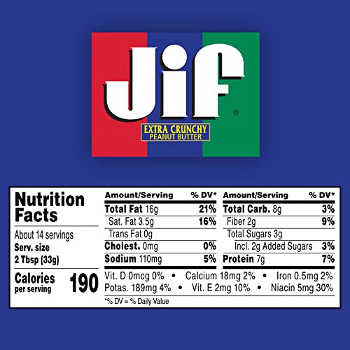 Jif Extra Crunchy Peanut Butter, 40 Ounces, 7g (7% DV) of Protein per Serving, Packed with Peanuts for Extra Crunch, No Stir Pea