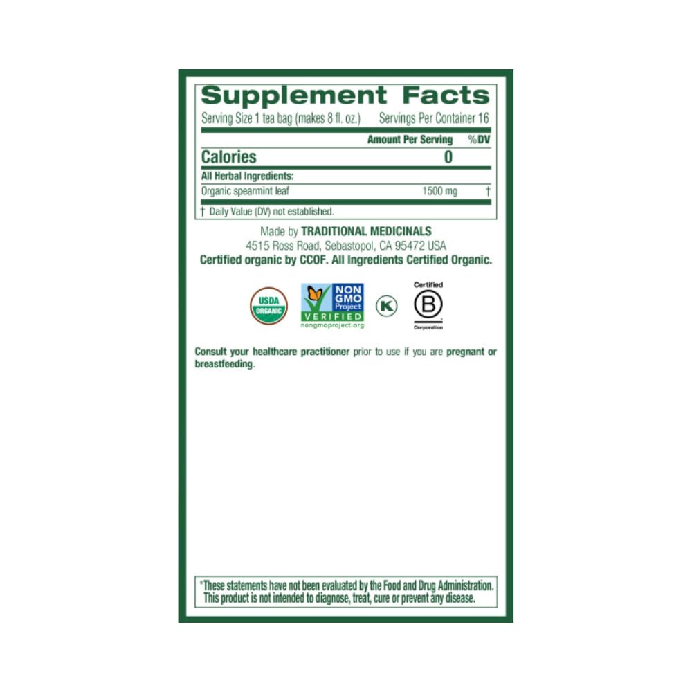 Traditional Medicinals Organic Spearmint Herbal Tea, Supports Healthy Digestion, (Pack Of 2) - 32 Tea Bags Total