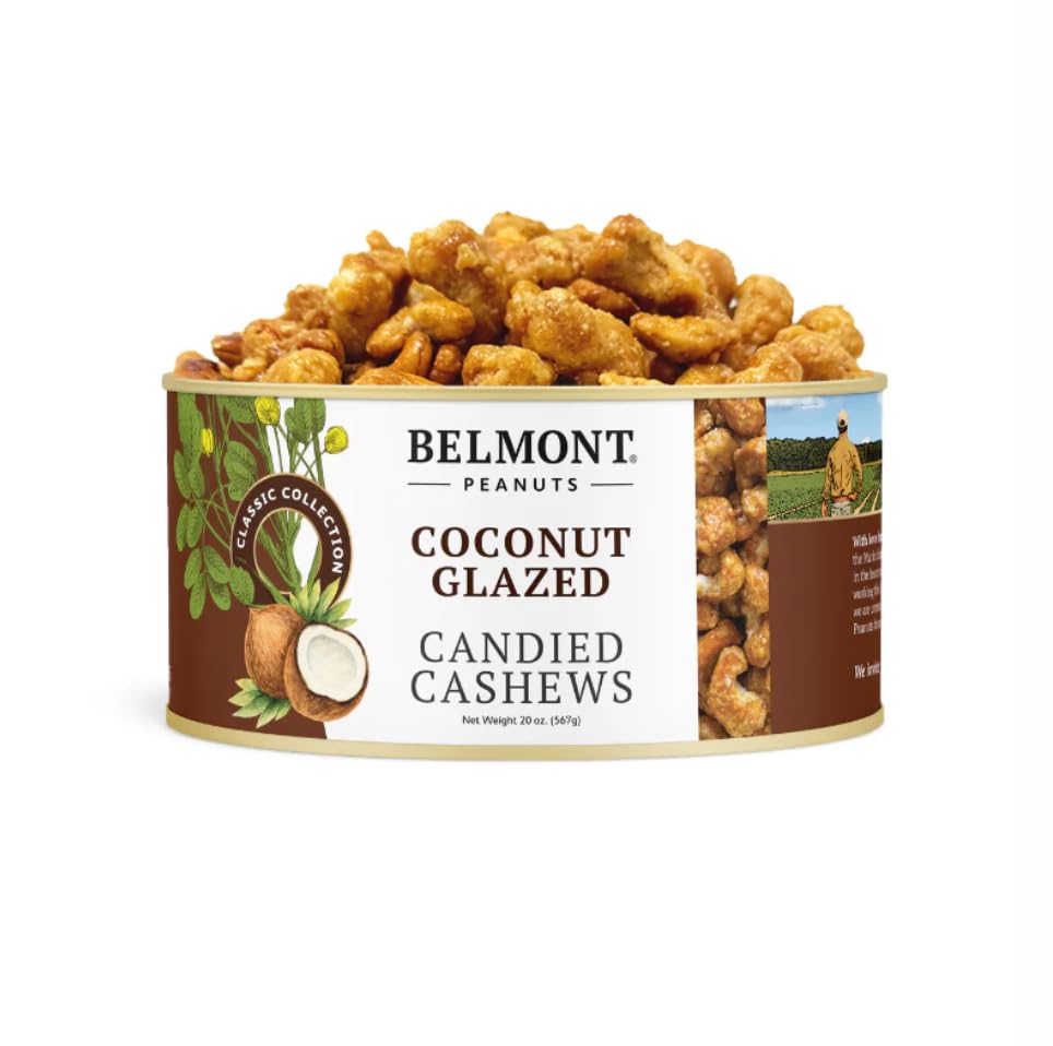 Belmont Peanuts Coconut Glazed Candied Cashews 20 Oz (1 Pack) - Simple Ingredients No Preservatives Hand Seasoned