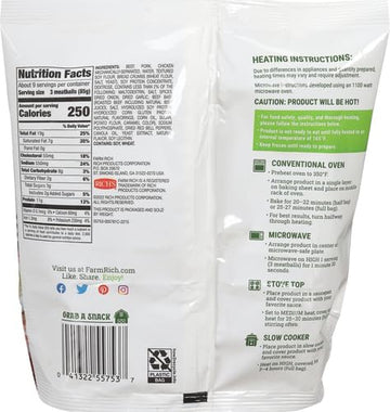 Farm Rich Italian Style Meatballs, Made with Beef, Pork and Authentic Bread Crumb Recipe, Fully Cooked, Frozen, 26 oz