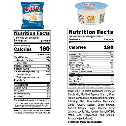 Frito Lay Ruffles Chips and Lays Ranch Dip Cups Variety Pack, (Pack of 24)