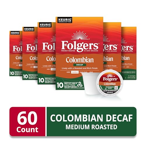 Folgers Colombian Decaf Coffee Medium Roast Keurig K-Cup pods 10 Count Box (Pack of 6)