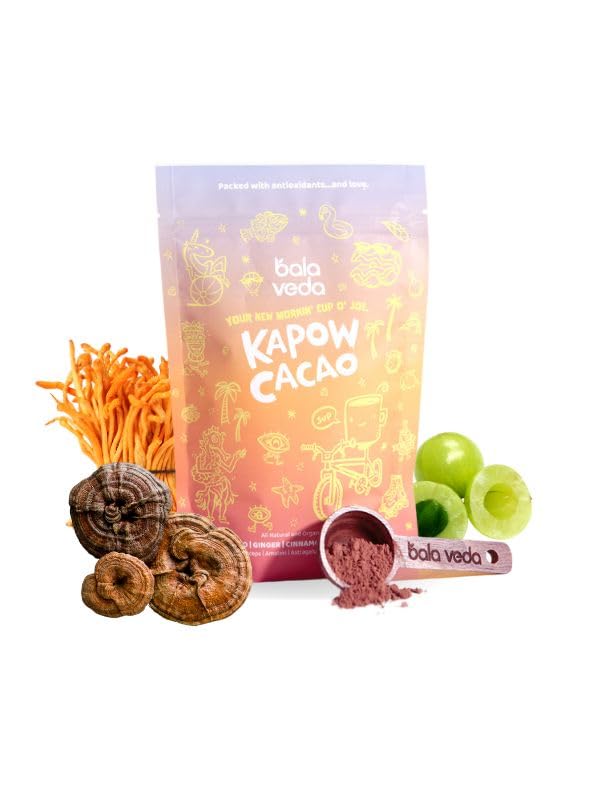 Balaveda Kapow Cacao - 100% Organic Adaptogenic Mushroom Coffee Alternative With Reishi Ashwagandha And Cordyceps - Energy Blend-Free Coffee Alternative - 8 Oz Bag