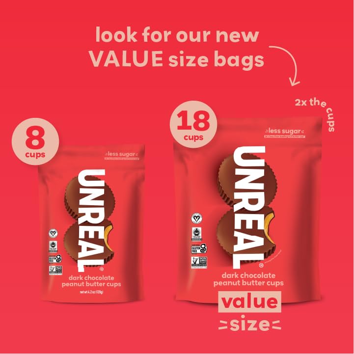 Unreal Dark Chocolate Peanut Butter Cups (Value Size Bag) | Vegan, 5G Sugar | Gluten Free, Fair Trade, Non-Gmo | 9.5Oz