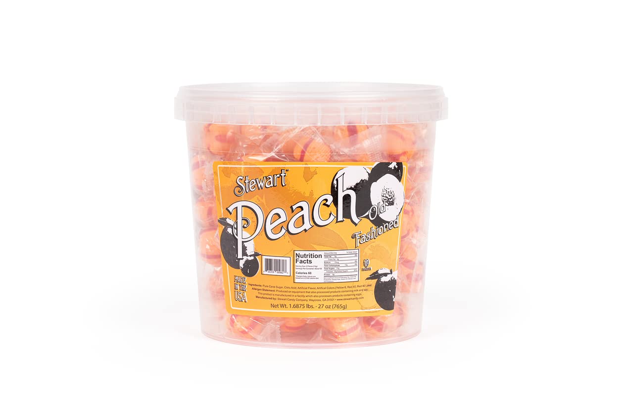 Stewart Old Fashioned Peach Flavored Pure Sugar Candy Puff Balls - Individually Wrapped Candy Snack, Fat-Free, Cholesterol-Free, Gluten-Free, Made In The Usa - 27Oz Tub