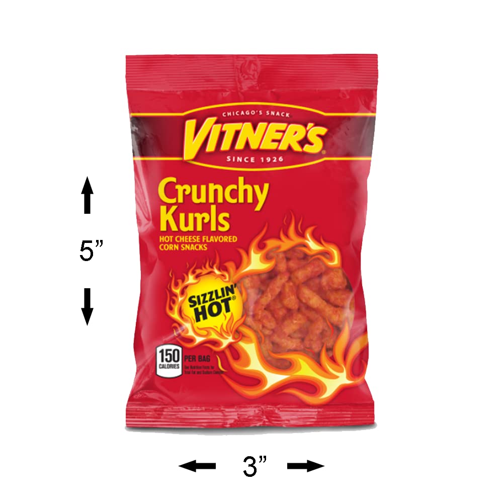 Vitners Sizzlin Hot Cheese Crunchy Curls - 50 Pack of 1oz Bags, Chicago Original Snack