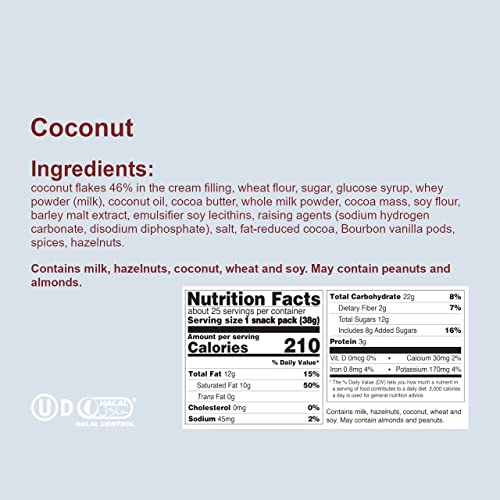 Loacker Coconut Cream Wafer Snack Bars, Milk Chocolate Coated, 1.34 Oz, Pack of 25 Individually Wrapped Snacks