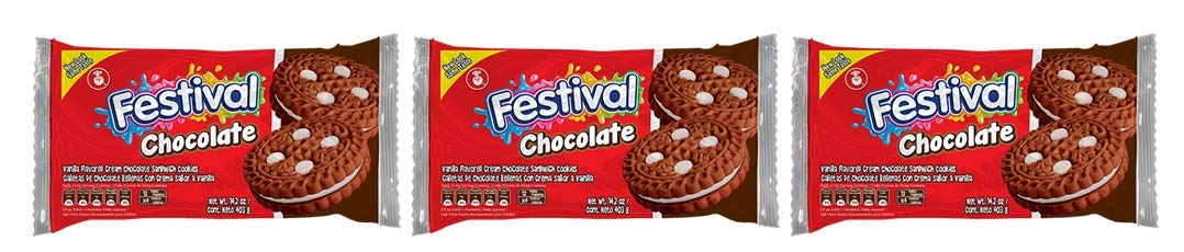Festival Chocolate Cookies, Cream Chocolate Sandwich Cookies, Natural Dyes & Low Sodium, High Cream Content, 14.6 Oz (Pack Of 3)
