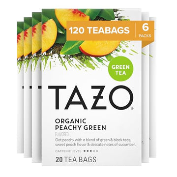 TAZO Organic Peachy Green Tea Bags, Green & Black Tea Blend with Sweet Peach Flavor, Caffeinated Tea, 120 Total Bags (20ct - Pac
