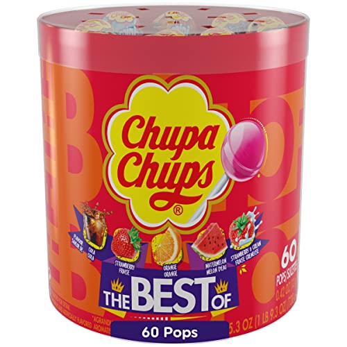 Chupa Chups ‘Best Of’ Lollipop Assortment, 5 Flavors, Individually Wrapped Candy For Kids, 25.3 Oz Drum (60 Suckers)