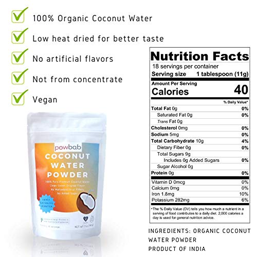 Powbab Coconut Water Powder From 100% Organic Coconut. No Sugar Added. Pure Delicate, Clean Taste. Dehydrated, Not Freeze Dried, Raw, Unsweetened Electrolytes And Real Hydration. Good For Cramps.